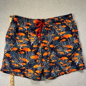 Vilebrequin mesh lined swim shorts. Blue with orange fish and coral design. XXXL